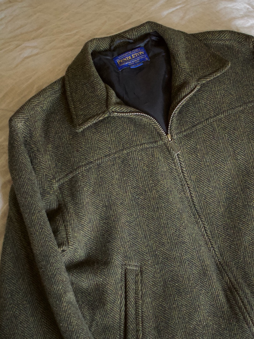 PENDLETON Vintage Wool Jacket Olive Herringbone w/ Brushed Brass Zipper Men’s L